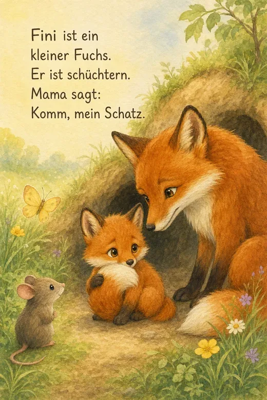 Fini, ein kleiner Fuchs, sitzt neben seiner Mutter vor einem Bau; der kurze Vorlesetext steht im Bild