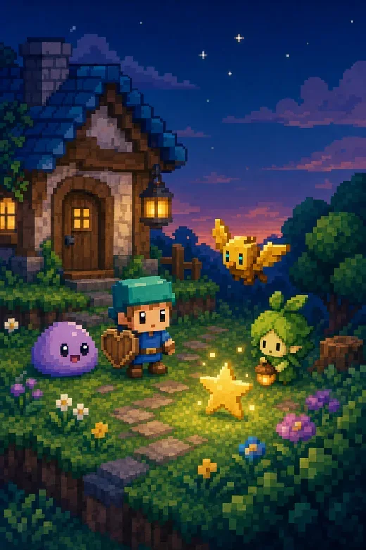Kleine Fantasiefiguren finden nachts einen leuchtenden Stern vor einem Häuschen, dargestellt in Pixel-Art