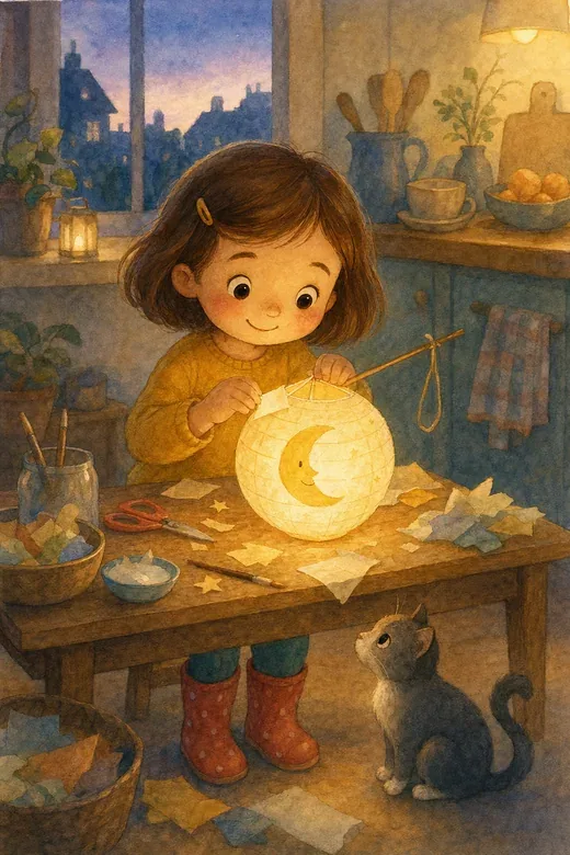 Mila bastelt am Abend eine leuchtende Papierlaterne mit einem Mond; eine Katze schaut zu