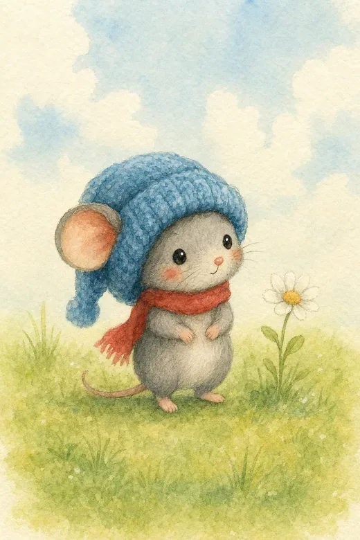 Eine kleine graue Maus mit großer blauer Wollmütze und rotem Schal auf einer Wiese