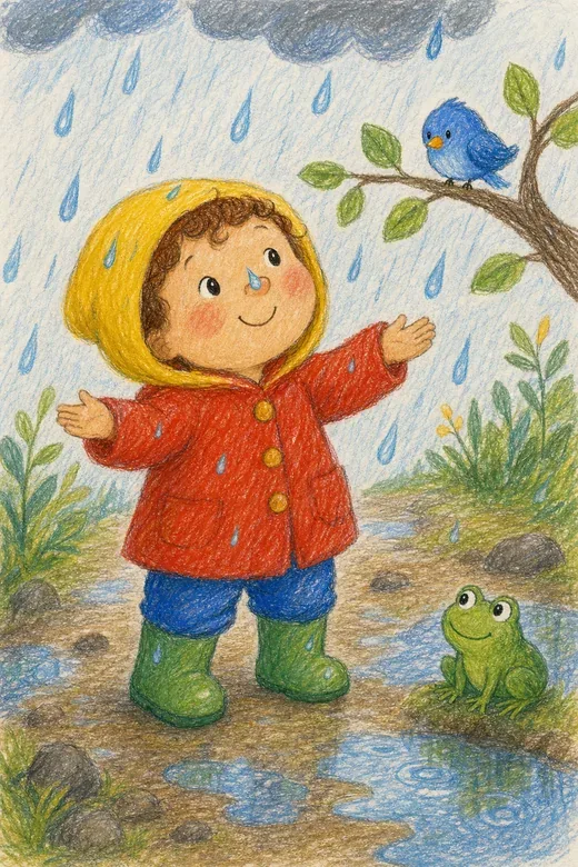 Toni in roter Regenjacke und grünen Stiefeln entdeckt mit einem Frosch und einem blauen Vogel die Regentropfen